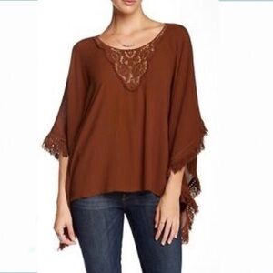 DANIEL RAINN Brown Crochet Bohemian Lace Fringe Poncho Oversized Top Size XS/S
